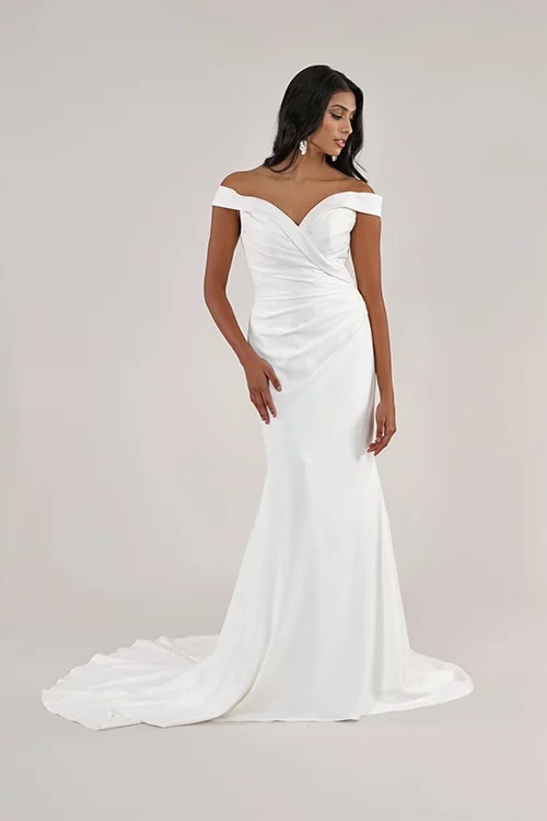 "Ivory Mermaid Wedding Dress - Timeless Elegance with Off-the-Shoulder Neckline"