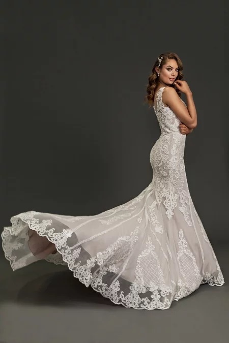 Alexia fitted lace mermaid wedding dress with straps. Featuring a long detailed train and corseted bodice. Sizes 6 to size 28. Only available from Leah S Designs Melbourne bridal store.