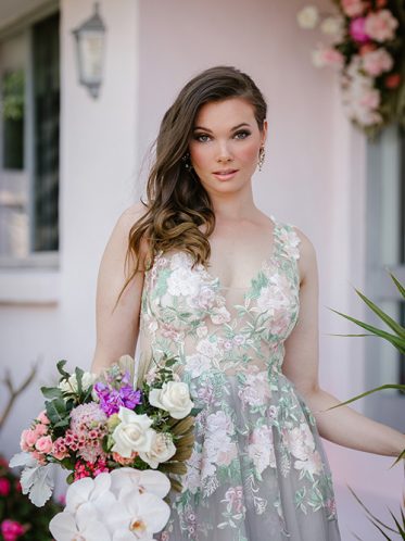 Pastel flower bodice on gray wedding dresses