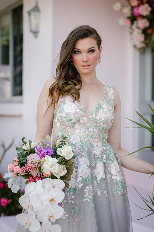 Grey and pastel flower wedding dresses