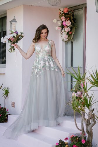 In Melbourne Gray wedding dress with flowers