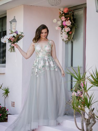 In Melbourne Gray gown with flowers