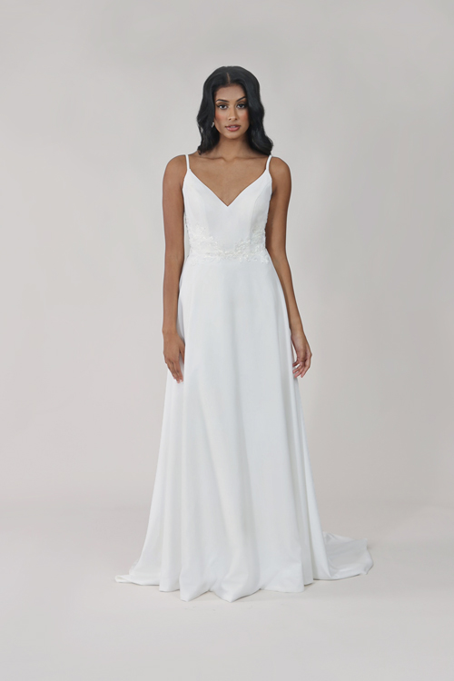 Elegant simple crepe satin A-line wedding dress.