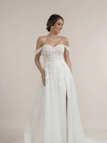 Wedding dress with a split skirt and off the shoulder straps, ivory.