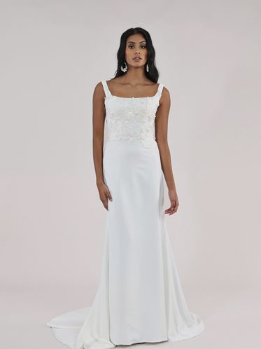 Leah S Designs square neckline mermaid wedding dress with lace bodice, crepe skirt, and straps