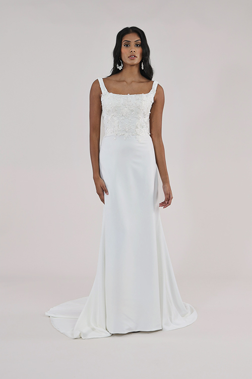 Leah S Designs square neckline mermaid wedding dress with lace bodice, crepe skirt, and straps