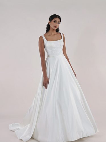 Square neckline satin and lace brides dress from Leah S Designs in Hallam.