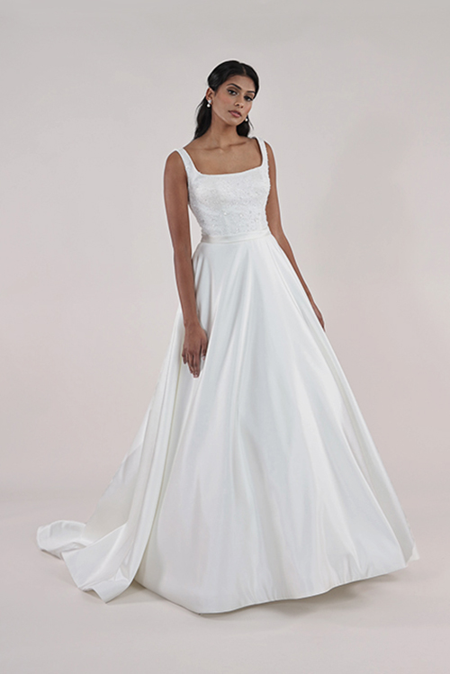 Square neckline satin and lace brides dress from Leah S Designs in Hallam.