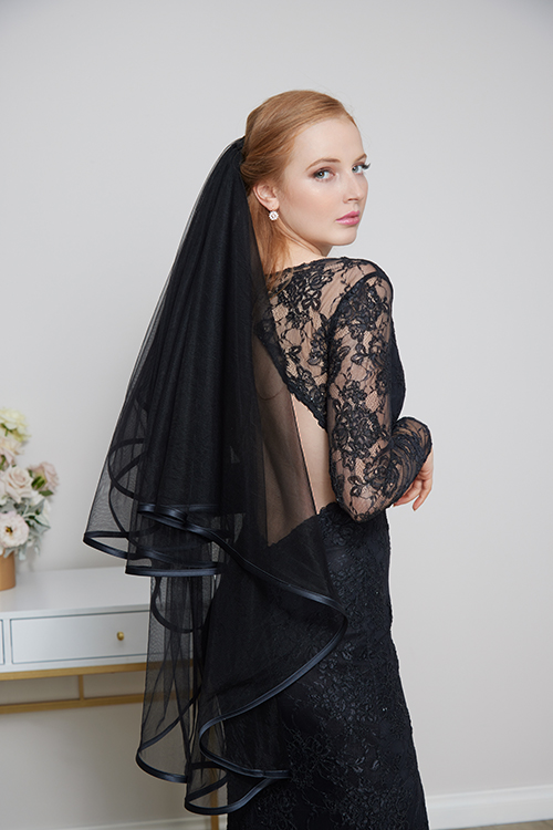 Black bridal gown veil with ribbon edge