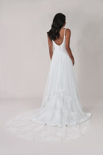 low back crepe A-line wedding dress with detachable lace train