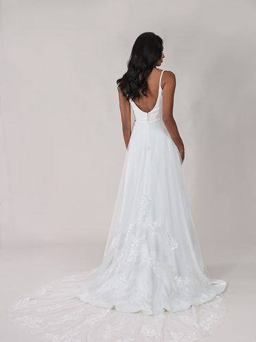 low back crepe A-line bridal style with detachable lace train