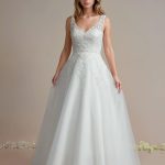 Beaded lace wedding dress with no train and A-line skirt