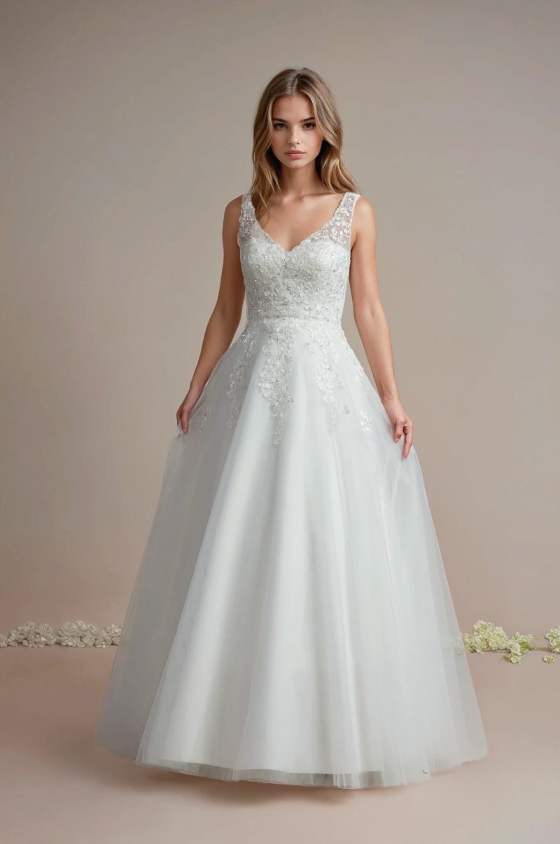 Beaded lace wedding dress with no train and A-line skirt