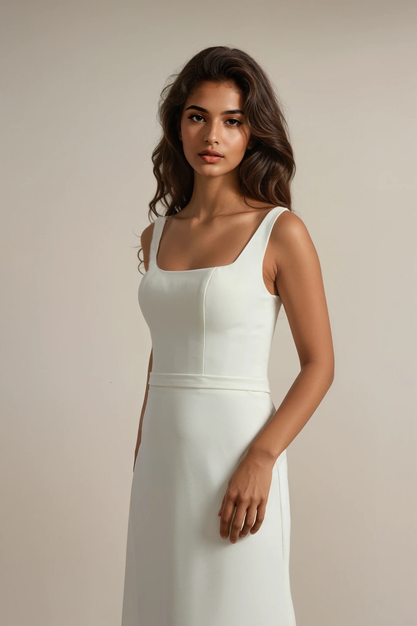 Charlotte Dress with square neckline, timeless style from Melbourne bridal store.