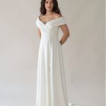 Naomi simple off-the-shoulder wedding dress with satin A-line skirt