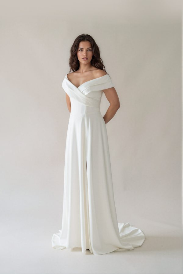 Naomi simple off-the-shoulder wedding dress with satin A-line skirt