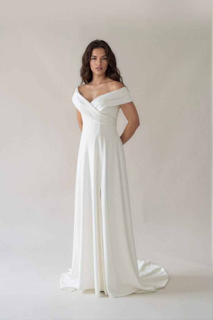 Naomi simple off-the-shoulder wedding dress with satin A-line skirt