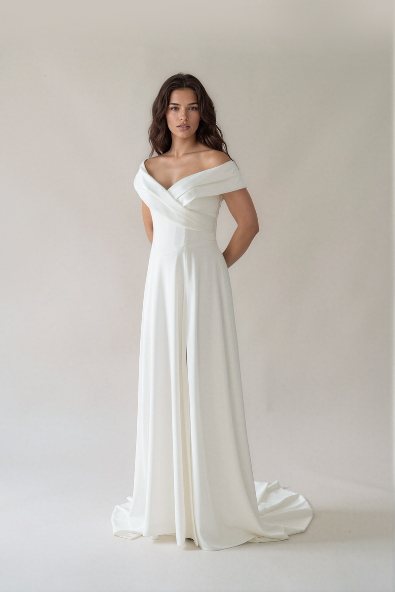 Naomi simple off-the-shoulder wedding dress with satin A-line skirt