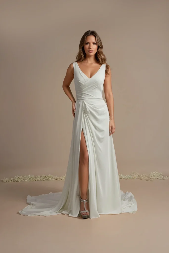 Valentina Elegant Wedding Dress made in crepe fabric with an A-line skirt with a split and v neckline. Sleeveless