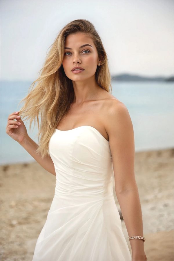 Chiffon wedding dress with side gathering for beach wedding.