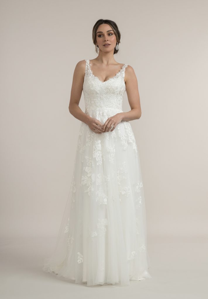 Bride wearing an A-line wedding dress at Leah S Designs Melbourne