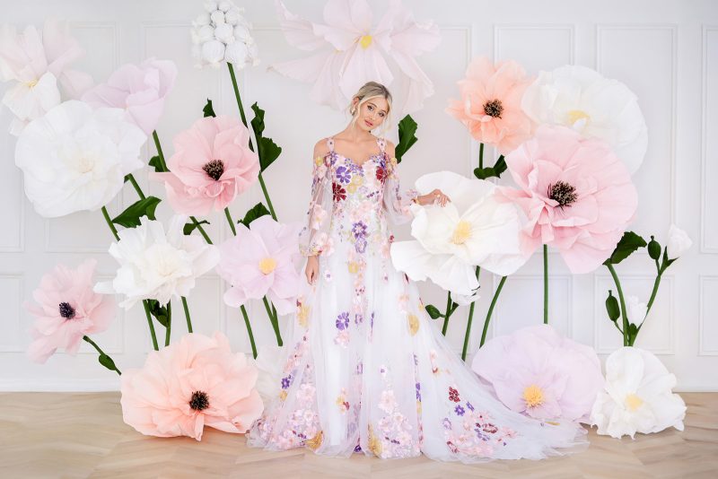 Leah S Designs colourful wedding dress with flowers.