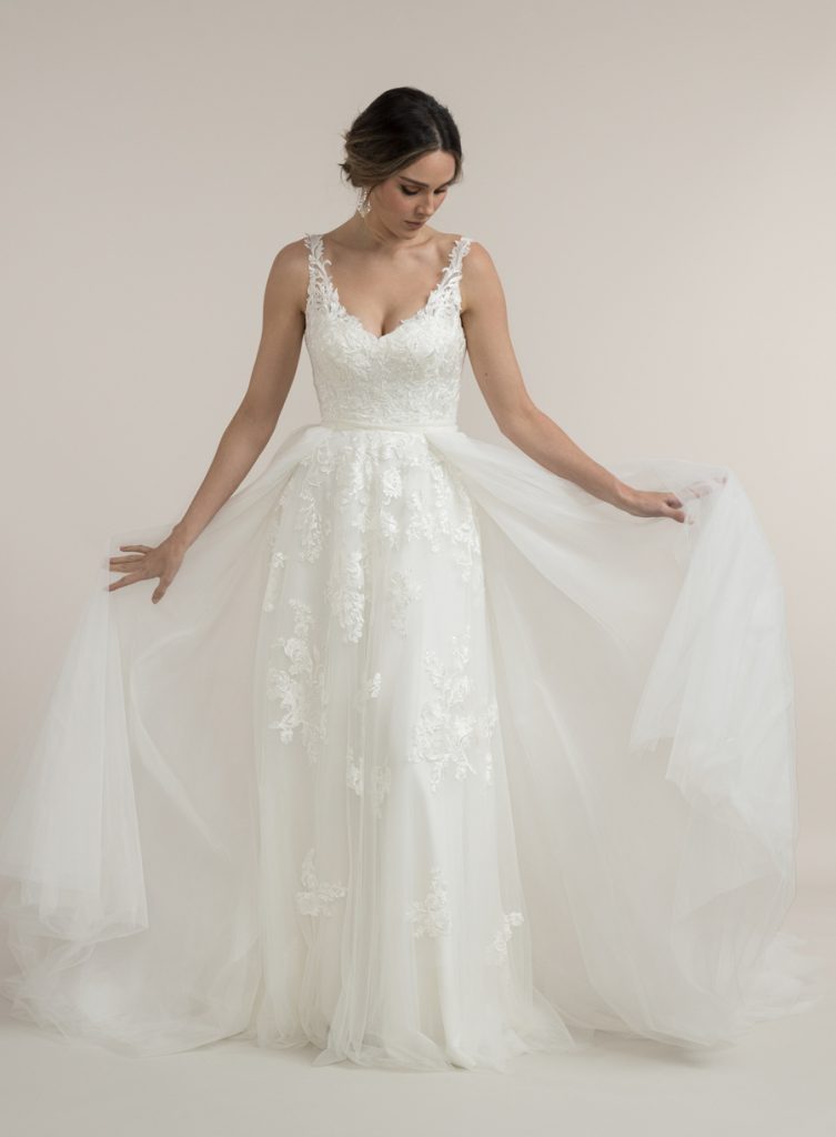 Divine wedding dress with detachable tulle overskirt