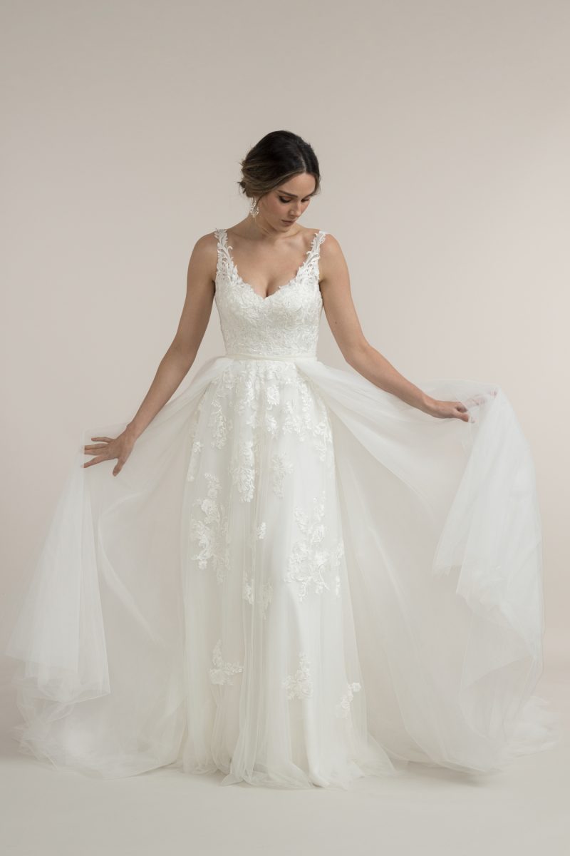 Leah S Designs divine wedding dress with tulle overskirt.
