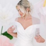Leah S Designs fitted crepe wedding dress with off the shoulder straps