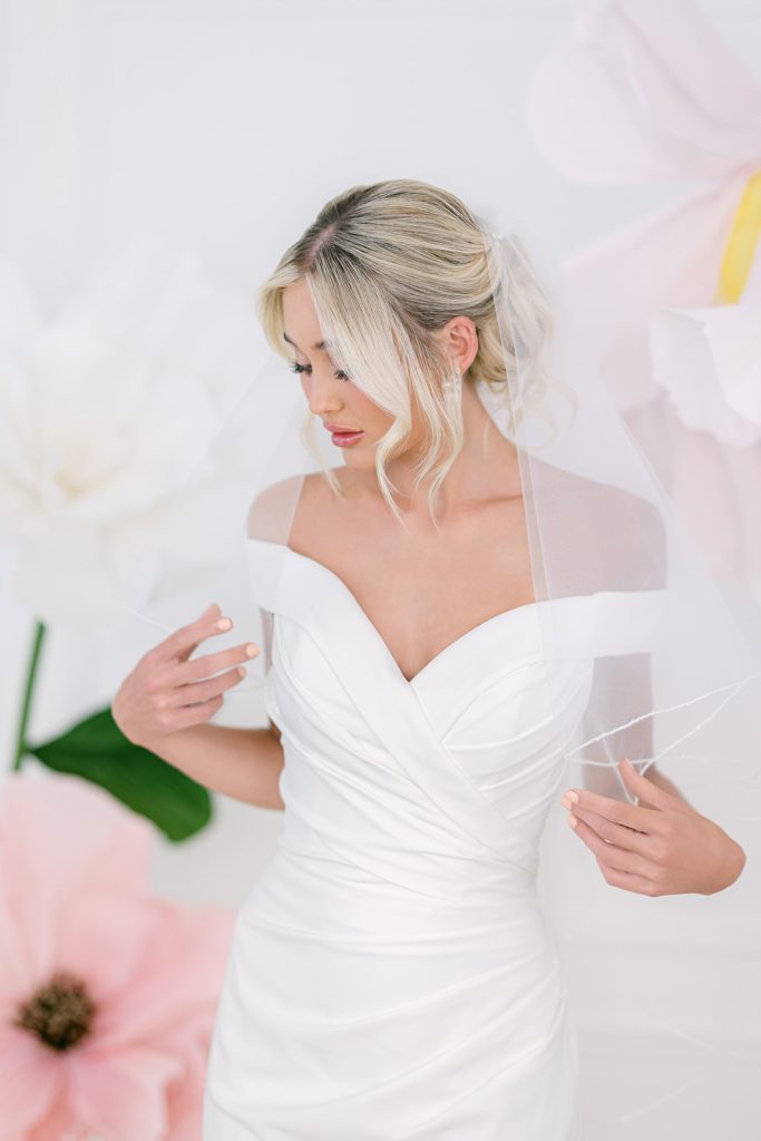 Leah S Designs fitted crepe wedding dress with off the shoulder straps