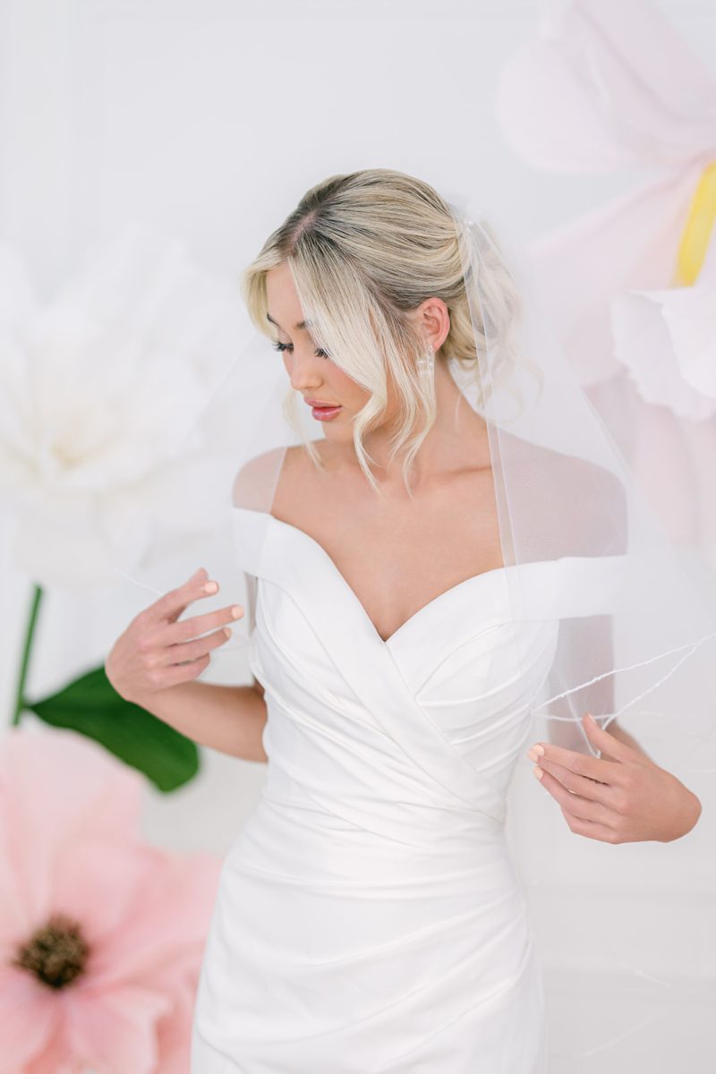 Leah S Designs fitted crepe wedding dress with off the shoulder straps