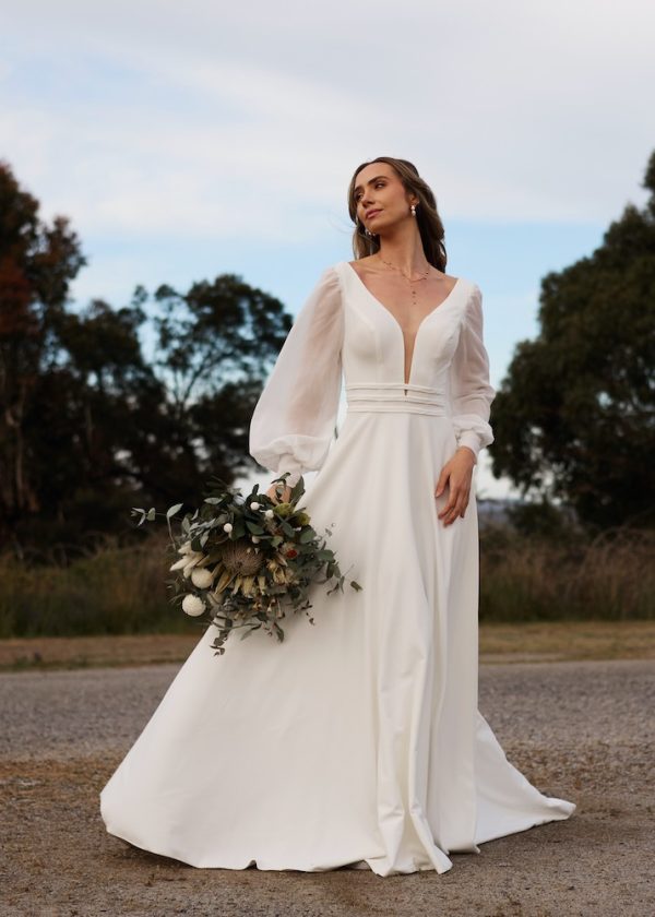 Rita Soft Wedding Dress with bishop sleeves.