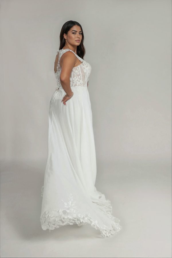 Tessa plus size wedding dress with lace train.