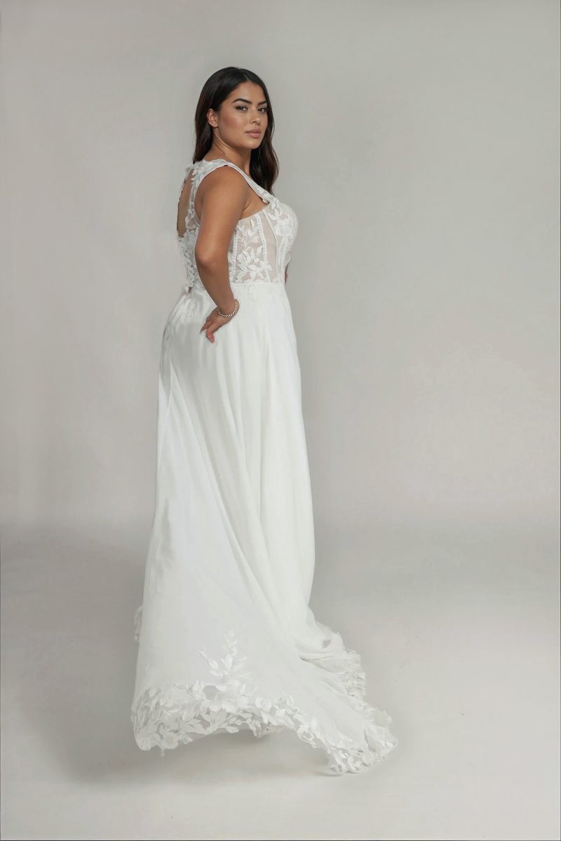 Tessa plus size wedding dress with lace train.
