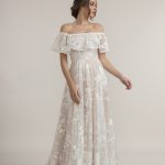 Eloise whimsical A-line lace bridal dress with an optional ruffle sleeve