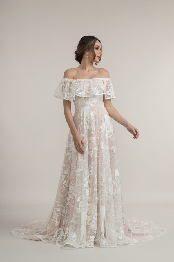 Eloise whimsical A-line lace bridal dress with an optional ruffle sleeve