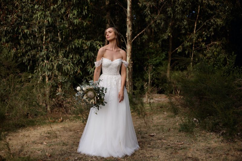 Willow trainless boho trainless wedding dress with botanical lace
