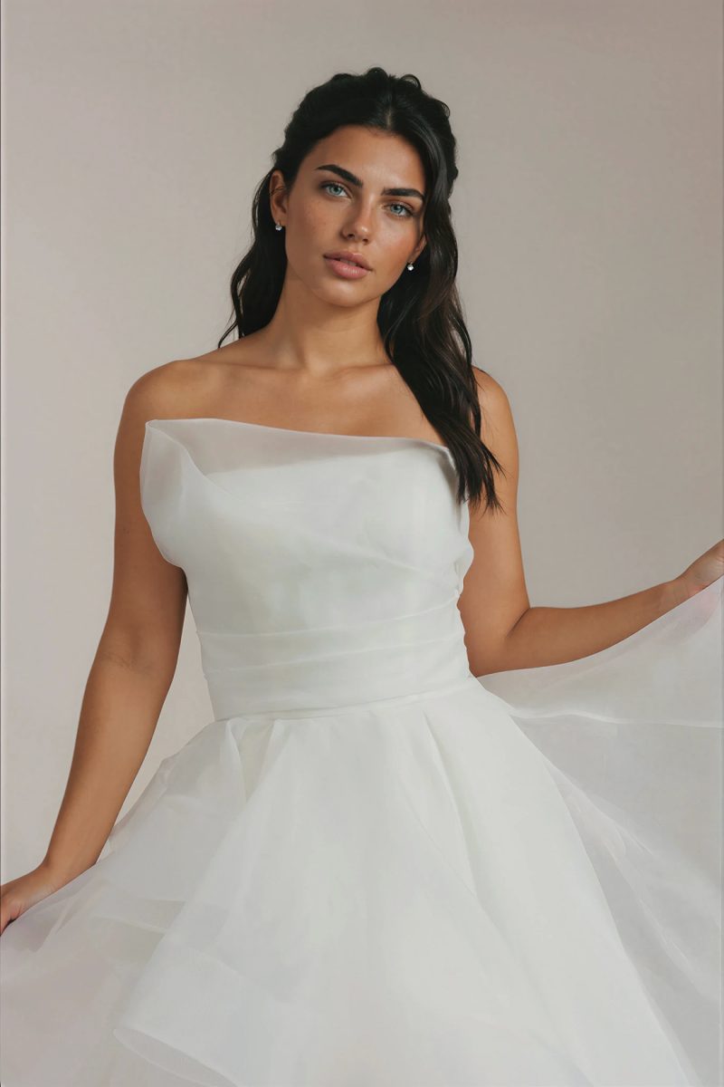 Addie Organza Wedding Dress with asymmetrical neckline.