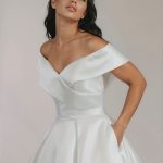 Romy mikado satin wedding dress with off shoulder straps.
