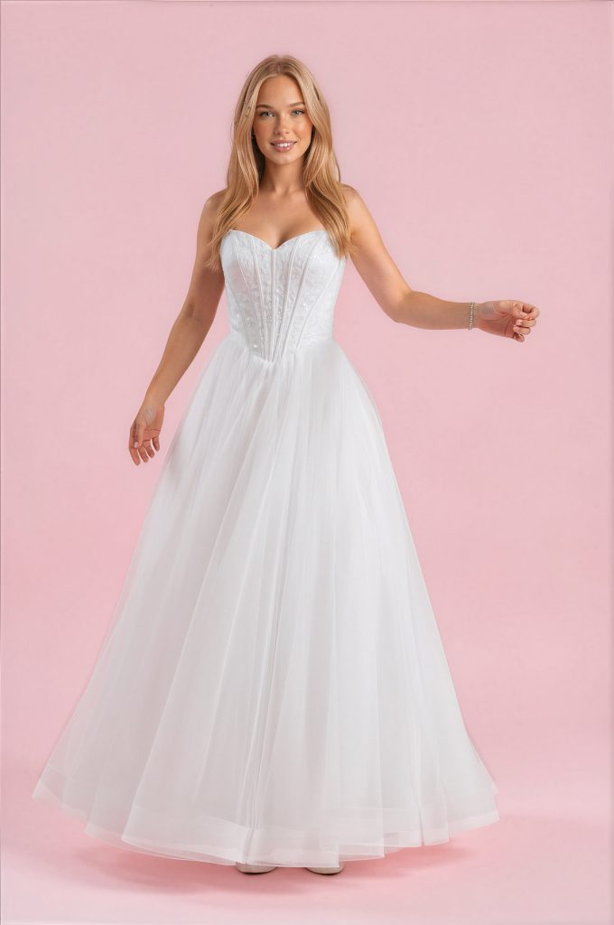 Tamika white deb dress with sweetheart neckline, corset bodice, V basque waist and full tulle skirt.