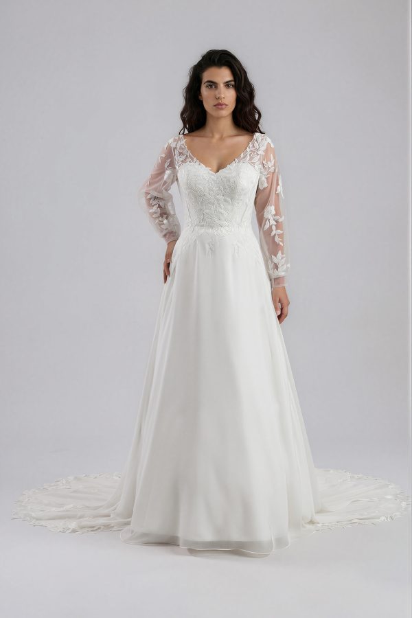 Chiffon wedding dress with sleeves.