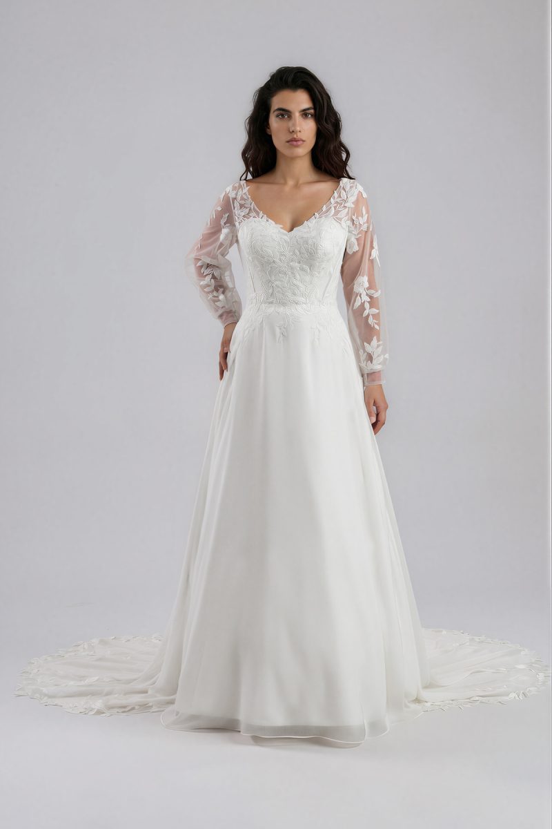 Chiffon wedding dress with sleeves.