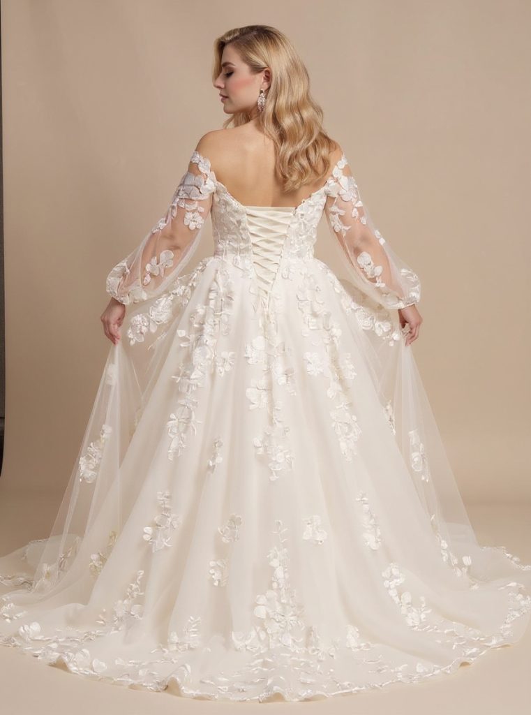 long sleeve lace wedding dress back on plus size model