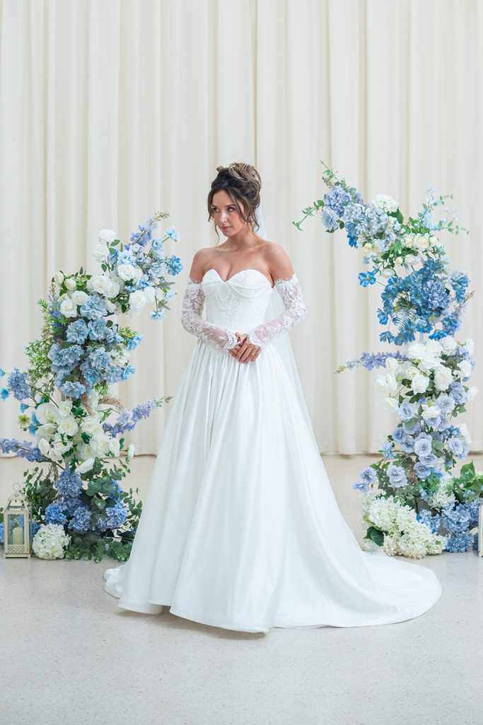 Billie Wedding Dress with boned bodice and basque waist.
