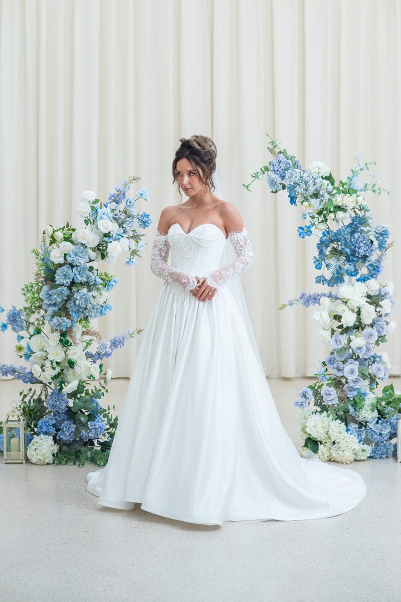 Billie Wedding Dress with boned bodice and basque waist.