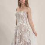 Nude and ivory lace boho wedding dress front view