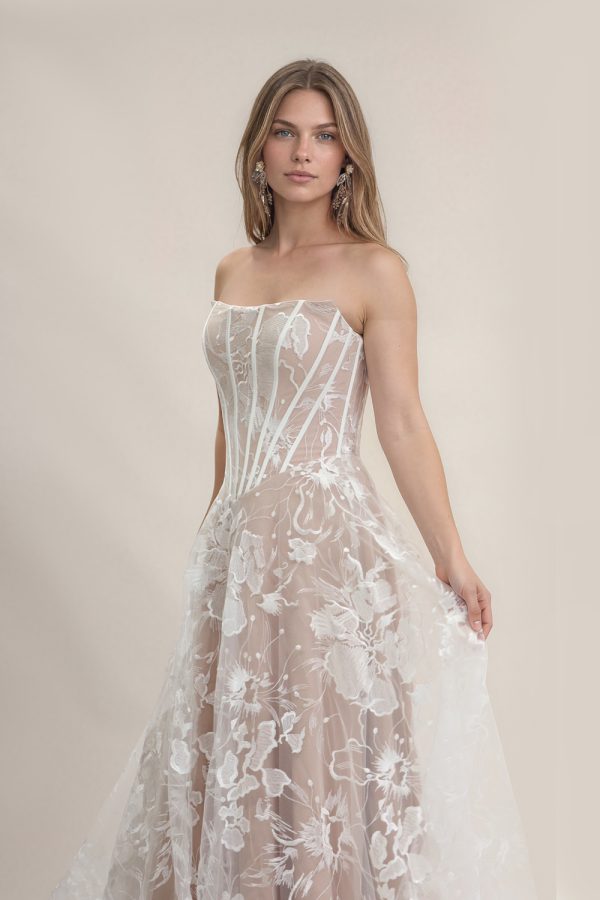 Nude and ivory lace boho wedding dress front view