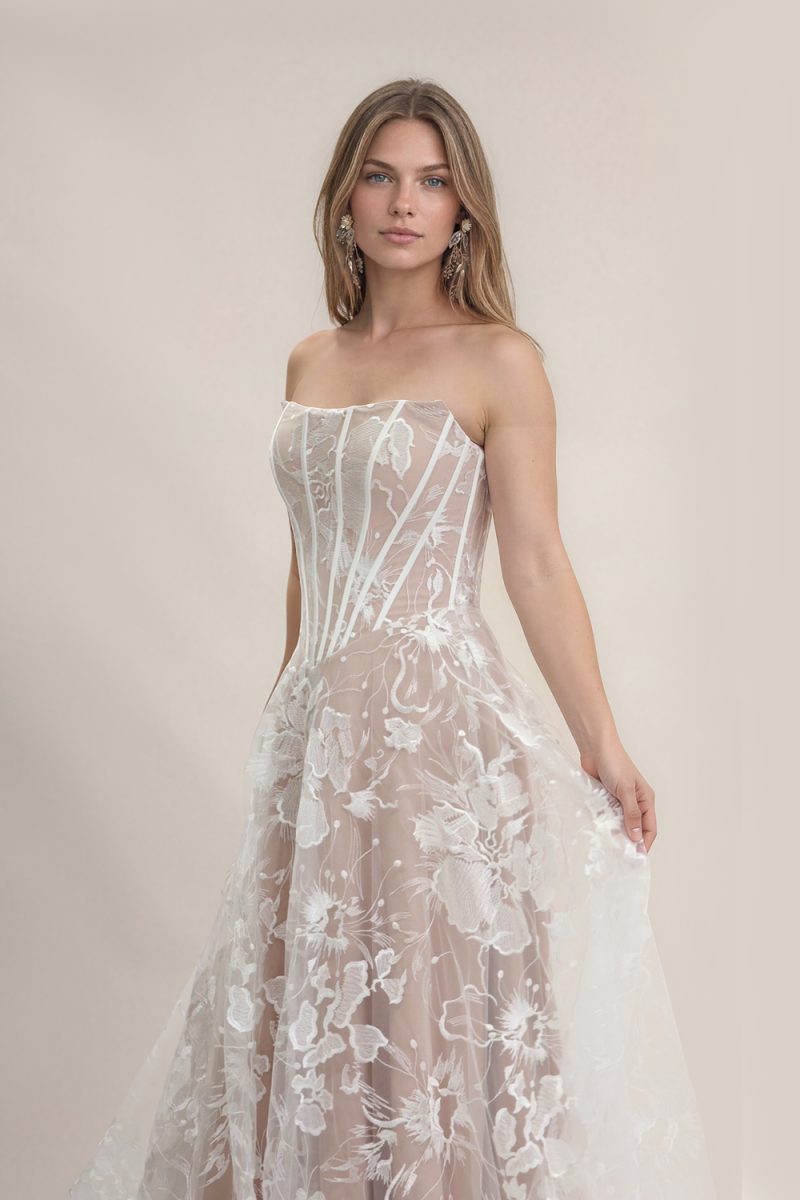 Nude and ivory lace boho wedding dress front view