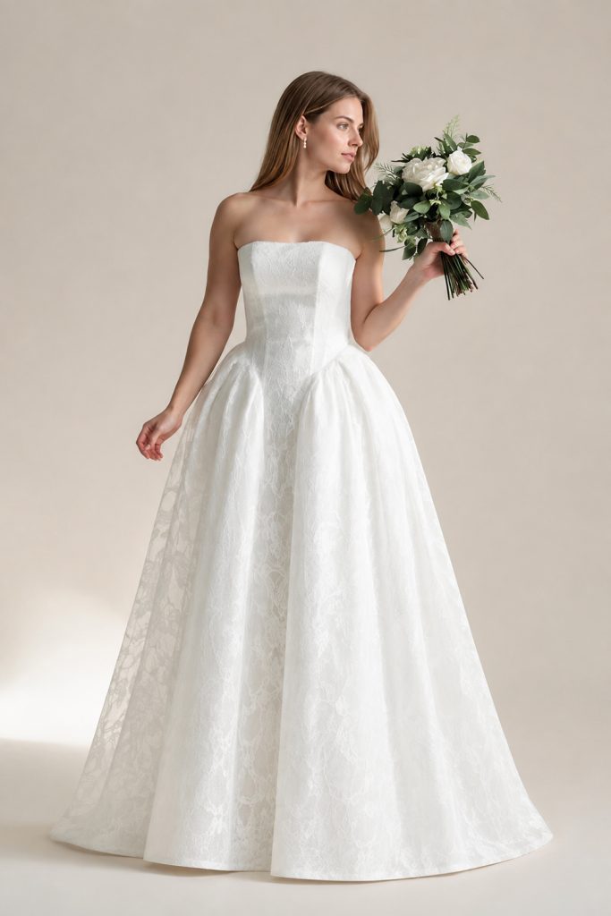 Onyx ivory lace wedding dress with ruched hips