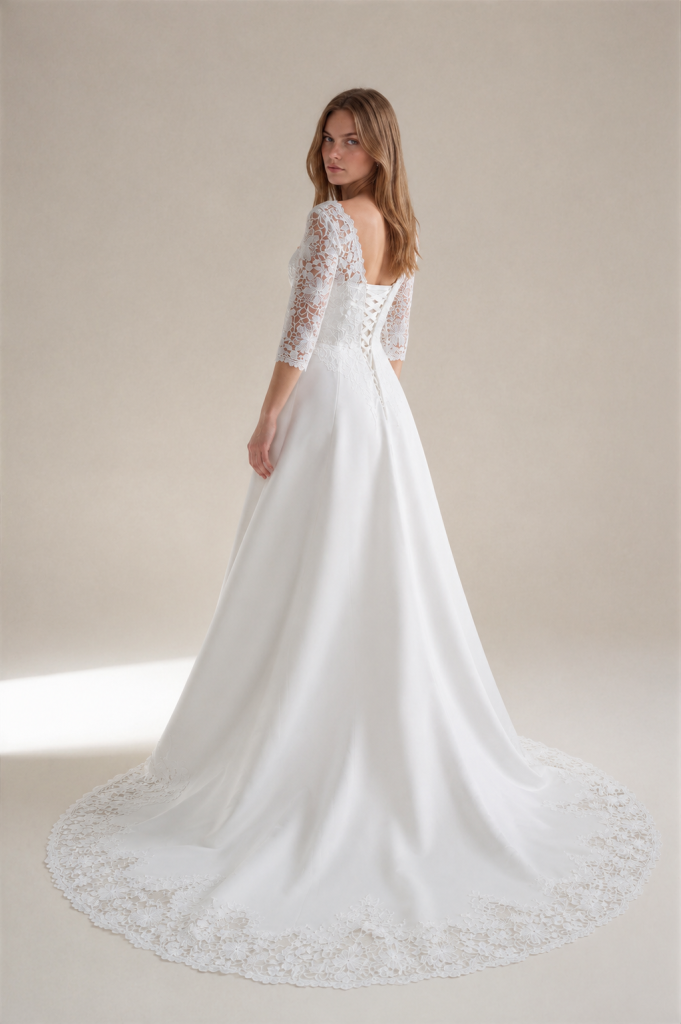 Priya wedding dress with statement lace train